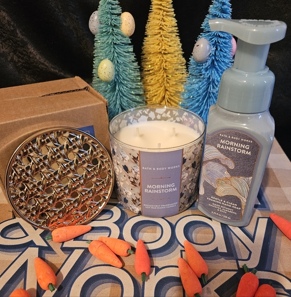 NWT Bath & Body Works Morning Rainstorm 3-Wick Candle and Soap Set - Blue - Picture 2 of 8